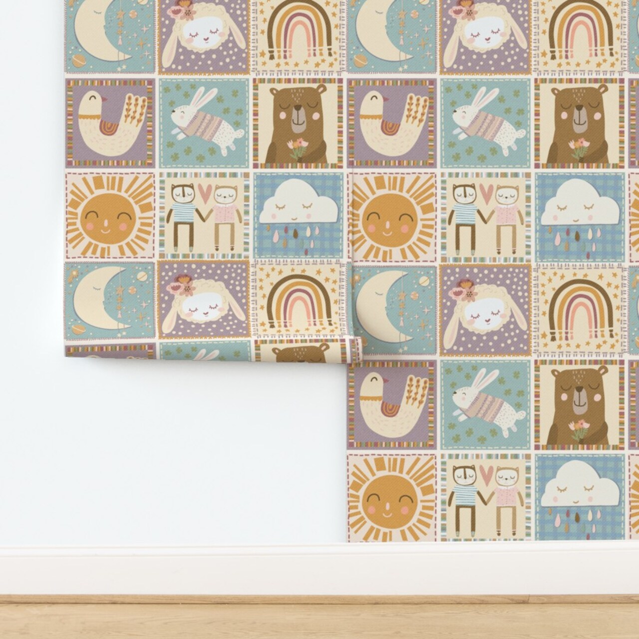 Baby Quilt Topper Soft Pastels Wholecloth Cheater Quilt Patchwork Bear Lamb Bunny Purple Beige Blue Custom Removable Wallpaper by Spoonflower Peel & Stick Wallpaper 2FT Wide